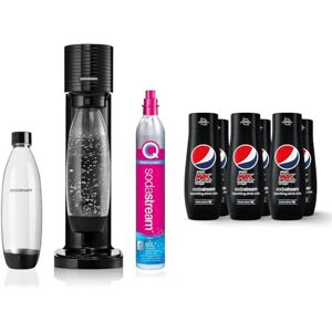 SodaStream Gaia Sparkling Water Maker, Sparkling Water Machine & 1L Fizzy Water Bottle, Slim Retro Drinks Maker w.BPA-Free Water Bottle, Quick Connect Co2 Gas Bottle & Pepsi Max Syrup x 6 - Black