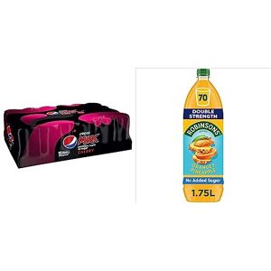 Pepsi Max Cherry, 330ml Can, Pack of 24 & Robinsons Double Strength Orange & Pineapple No Added Sugar Squash 1.75L, Packaging may vary