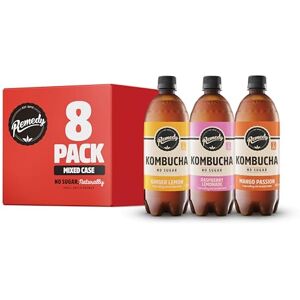 Remedy Kombucha Tea - Mixed Pack - 4 Mango Passion, 2 Ginger Lemon, 2 x Raspberry Lemonade - Sparkling Live Cultured Drink - Naturally Sugar Free Soft Drink - Probiotic Drink for Gut Health 8 x 700ml