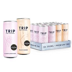 TRIP CBD Drink, Sparkling Elderflower Mint & Peach Ginger Fizzy Drink, Low Calorie, Vegan, Stress & Anxiety Relief (Pack of 12 x 250ml)