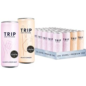 TRIP CBD Drink, Sparkling Elderflower Mint & Peach Ginger Fizzy Drink, Low Calorie, Vegan, Stress & Anxiety Relief (Pack of 24 x 250ml)