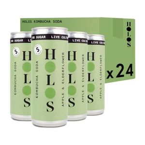 HOLOS Kombucha Drink - Apple & Elderflower Soda - 250ml x 24 cans - No Sugar, Live Cultures, Vegan, Gluten Free