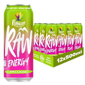 Rubicon RAW 12 Pack Apple & Guava 500ml Energy Drink, 20% Real Fruit Juice, High caffeine with B-Vitamins, Ginseng & Guarana, No Artificial Colours or Flavours, Reduce Tiredness & Boost Energy