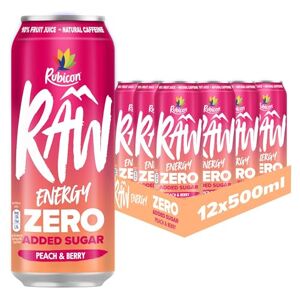 Rubicon RAW 12 Pack Peach & Berry 500ml Energy Drink Zero Added Sugar + 10% Fruit Juice, High Caffeine with B-Vitamins, Ginseng & Guarana, Reduce Tiredness & Boost Energy