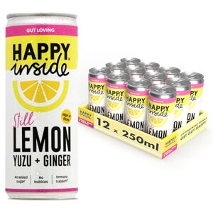 Happy Inside Gut Health Drink, Prebiotic, Natural Ingredients, No Fizz, Vegan, No Added Sugar, High Fibre, Immunity, Lemon, Yuzu & Ginger Flavour, 12 Cans x 250ml