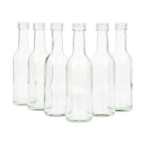 6er Set Bordeaux 250 ml Glasflasche zum Abfüllen von Wein, Likör & Spirituosen + Deckel PP 28 Silber Aluminium