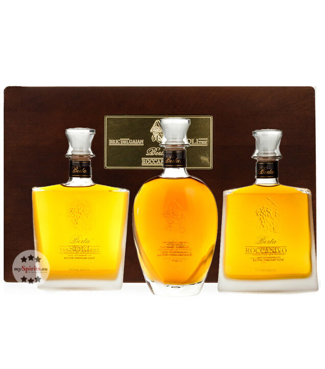 Distillerie Berta Berta Set 3 x Grappa in Holzkiste - Roccanivo, Bric del Gaian, Tre Soli Tre (43 % Vol., 2,1 Liter)