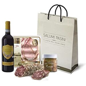 Salumi Pasini Kit Apéritif "Saveurs toscanes", apéritif typiquement italien avec vin Rosso di Montalcino DOC, cochon de lait rôti, saucisson de filet, pot de légumes hachés , - Publicité