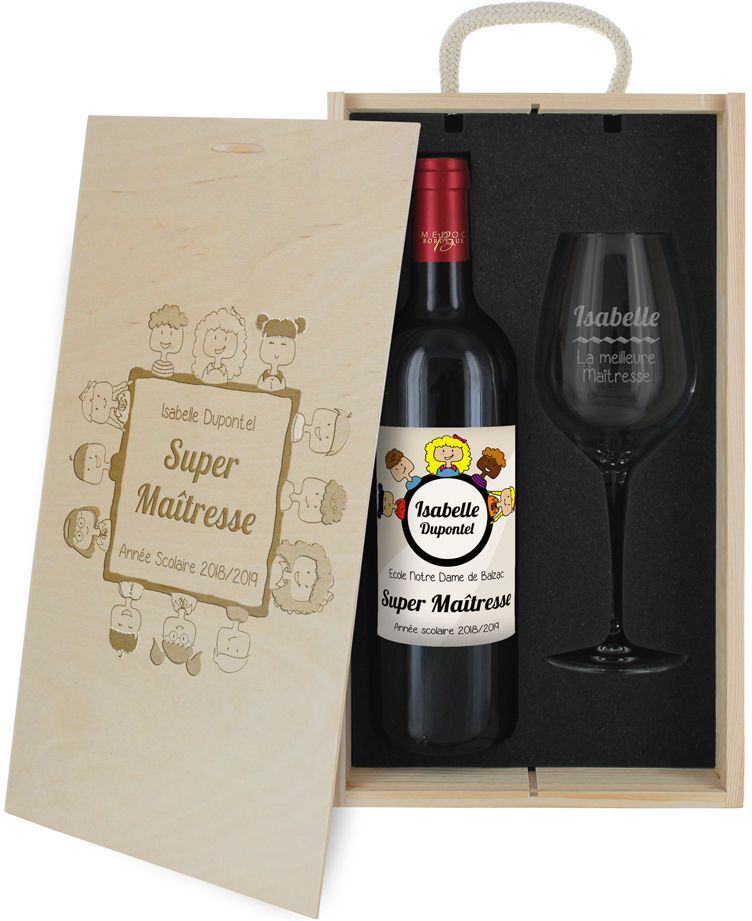 Amikado Coffret à vin 2 pièces personnalisé Merci Maitresse