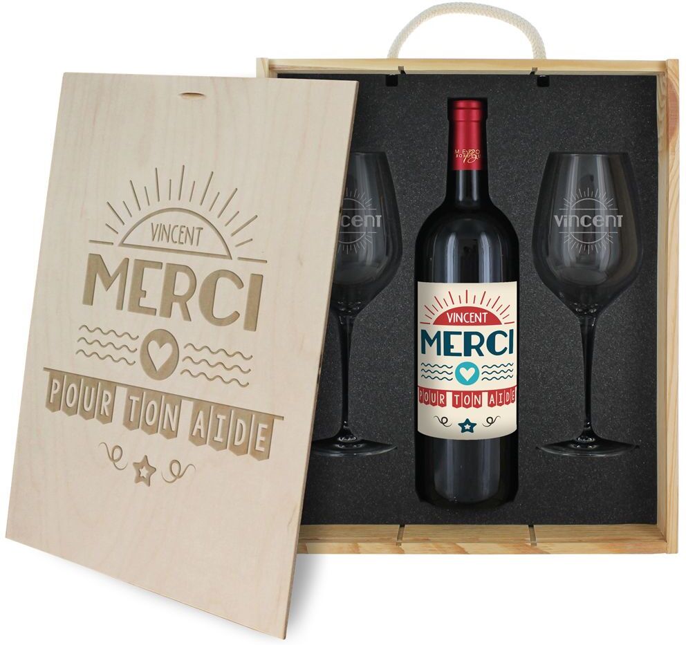 Amikado Coffret à vin 3 pièces personnalisé Merci