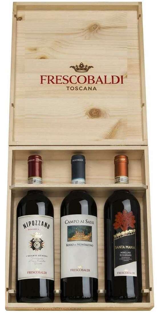 FRESCOBALDI Cassa di legno 3 vini: rosso montalcino, nipozzano e morellino