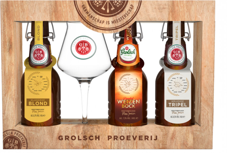 Grolsch Proeverij Geschenkverpakking  -  3 x 45cl beugelflessen met gratis glas