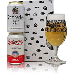 Beer Hunter European Lager 2 Can Gift Set with Beerhunter Glass (330ml Cans) - Krombacher, Budvar