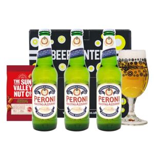 Beer Hunter Peroni Nastro Azzurro Premium Italian Lager Gift 3 Pack With Glass - 3X 330ml Bottles (5% ABV) - World Beer Gifts for Men and Women, Beers and Lagers Offers, Craft Beer Gift Set, Mens Birthday Gifts