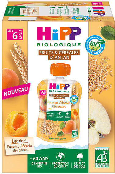 Hipp Fruits et Céréales Pommes Abricots Blé Ancien +6m Gourdes 4 x 90g