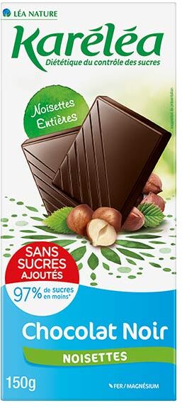 Karéléa Chocolat Sans Sucres Ajoutés Tablette Chocolat Noir Noisettes 150g