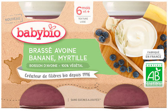 Babybio Desserts Végétaux Pot Brassé Lait d'Avoine Banane Myrtille +6m Bio Lot de 2 x 130g