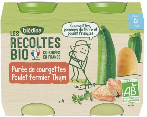 Blédina Les Récoltes Bio Pot Purée de Courgettes Poulet Fermier Thym +6m 2 x 200g