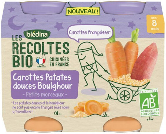 Blédina Les Récoltes Bio Pot Carottes Patates Douces Boulghour +8m 2 x 200g