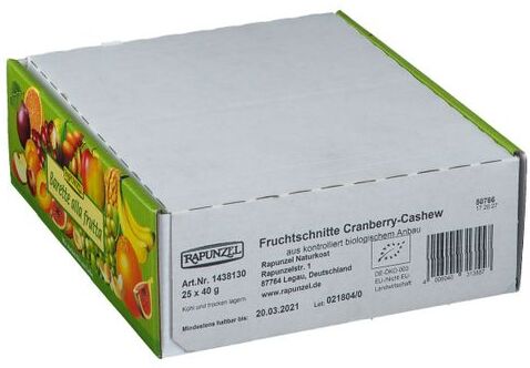 Rapunzel Bio Fruchtschnitte, Cranberry-Cashew 25x40 g Riegel