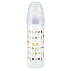 NUK New Classic Babyflasche, Mit NUK First Choice+ Silikon-Trinksauger, 6-18 Monate M, Fassungsvermögen: 250 ml, farbig sortiert