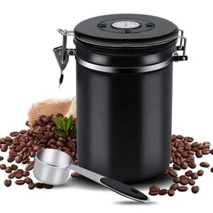 Kaffekrukke Lufttæt krukke Opbevaringsbeholder i rustfrit stål til kaffebønner 1,5 l med ske og udløserventil til kaffe te, sort