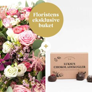 Interflora Floristens eksklusive buket med Flora og Evergreen Luksus chokoladekugler