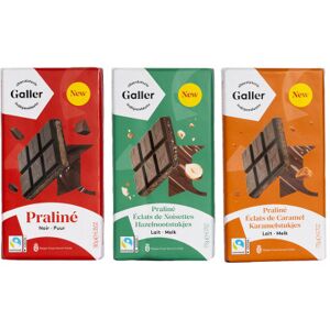 Suklaalevylajitelma Galler Lait Praline Eclats de Caramel x Lait Praline Eclats de Noisettes x Noir Praline, 3 x 180 g