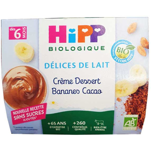 Hipp Bio Délices de Lait Coupelle Crème Dessert Banane Cacao +6m 4 x 100g - Publicité