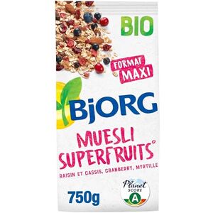 BJORG Muesli Superfruits Bio Raisins, Cassis, Myrtilles, Cranberries Sans Sucres Ajoutés 750 g - Publicité