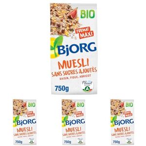 BJORG Muesli Bio Sans Sucres Ajoutés Raisin, Figue, Abricot Aux Céréales Complètes Sachet 750 g (Lot de 4) - Publicité