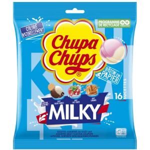 Chupa Chups Sachet de 16 Sucettes Bonbons Milky-3 Parfums Assortis Cacao-Vanille, Caramel et Lait-Fraise Sans Gluten et Sans Édulcorants2 - Publicité