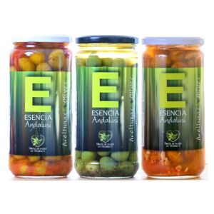 "ESENCIA ANDALUSI" Lot de 3 pots d'olives alliées – Moujo démangeaisons + Sucettes + Verdial alimenté (Recette de grand-mère) 700 g / Pot – Produit de Jaén - Publicité