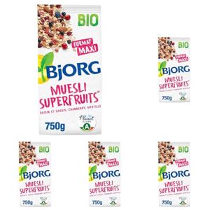 BJORG Muesli Superfruits Bio Raisins, Cassis, Myrtilles, Cranberries Sans Sucres Ajoutés 750 g (Lot de 5) - Publicité