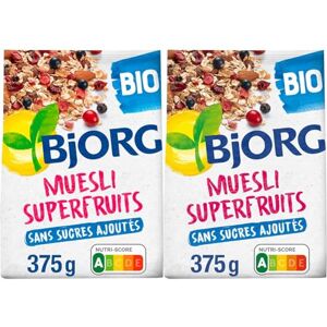 BJORG Muesli Superfruits Bio Raisins, Cassis, Myrtilles, Cranberries Sans Sucres Ajoutés 375 g (Lot de 2) - Publicité