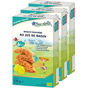 Alpine Biscuits Bébé au Jus de Raisin, 3x120g I Collation Alimentaire Complet pour Tout-Petits à Partir de 6 Mois et Plus I Biscottes à Grignoter au Blé Entier sans Sucre Ajouté I 18x2 Biscuits - Publicité