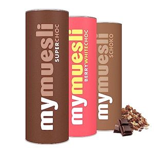 mymuesli Muesli Choco BIO (3 x 575 g) contient 1 x Muesli Superchoc avec du chocolat blanc, du chocolat au lait et du chocolat noir, 1 x Berry White Choc et 1 x Choco avec 5 ingrédients chocolatés - Publicité