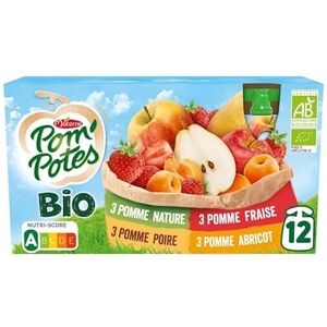 POM'POTES Pom'Potes Bio Multivariétés Pack de 1080g de compotes de fruits bio (Pomme, Poire, Fraise, Abricot) pour une pause savoureuse. Lot De 3 Vendu Par Lot - Publicité