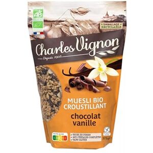 MUESLI BIO CROUSTILLANT CHOCOLAT VANILLE SANS GLUTEN 375G, CHARLES VIGNON, LOT DE 3 - Publicité