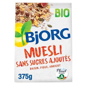 BJORG Muesli Bio Sans Sucres Ajoutés Raisin, Figue, Abricot Aux Céréales Complètes Sachet 375 g - Publicité