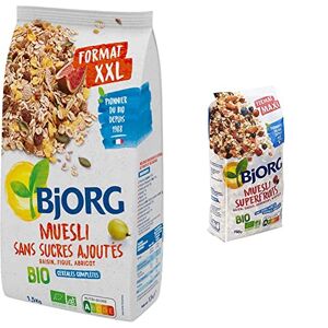 BJORG Muesli Bio Sans Sucres Ajoutés Raisin, Figue, Abricot Aux Céréales Complètes Paquet de 1,5 kg & Muesli Superfruits Bio Raisins, Cassis, Myrtilles, Cranberries Sans Sucres Ajoutés - Publicité