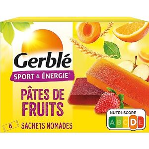 Gerblé Sport et Énergie, Pâtes de Fruits saveurs Pomme-Fraise, Pomme-Abricot, Pomme-Orange, Riches en glucides et en vitamine B1, 6 Emballages individuels, 162 g, 99281 - Publicité