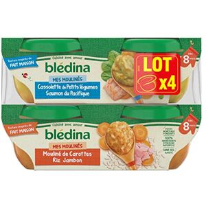 Blédina Mes Moulinés Repas Bébé dès 8 Mois 6 Bols Carottes Riz Jambon et 6 Bols Petits Légumes Saumon Le pack de 12x200g - Publicité