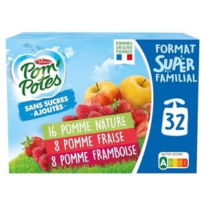 Pom'Potes Pack de 32 gourdes de compote Pom/Fraises/Framb sans sucres ajoutés 2,88kg de plaisir fruité et sain pour toute la famille. Lot De 2 Vendu Par Lot - Publicité