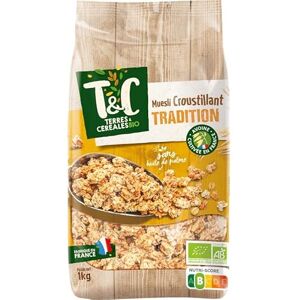 TERRES ET CÉRÉALES Muesli Croustillant Tradition Bio 1Kg Petit déjeuner sain et croustillant pour une alimentation équilibrée Produit biologique certifié Lot De 3 Vendu Par Lot - Publicité