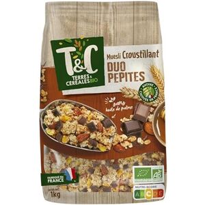 TERRES ET CEREALES Muesli Croustillant Duo Pépites Bio 1Kg Petit déjeuner sain et bio pour toute la famille Riche en fibres et en saveurs Certifié Lot De 3 Vendu Par Lot - Publicité