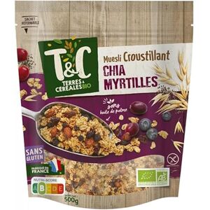 Muesli Croustillant Av. Myrtilles Chia Bio Terres et Céréales Savoureux petit-déjeuner équilibré, riche en fibres! Grains entiers pour une Le Lot De 3 - Publicité