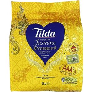 Tilda Riz Parfumé au Jasmin qualité AAA + Spatule en bambou offerte Marque  Sac de 5KG Sans gluten (Lot de 5 sacs de 5KG / Soit 25KG) - Publicité