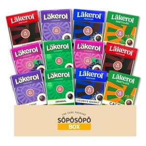 SÖPÖSÖPÖ Lakerol Läkerol Pastilles sans sucre Variété de 6 saveurs : Deux paquets de 0,8 oz chacun dans une boîte SOPOSOPO (12 articles au total) Boîte - Publicité