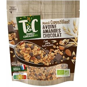 TERRES ET CEREALES Muesli Croustillant Bio Avoine, Amandes, Chocolat 500g Idéal pour une alimentation saine et équilibrée Lot De 3 - Publicité